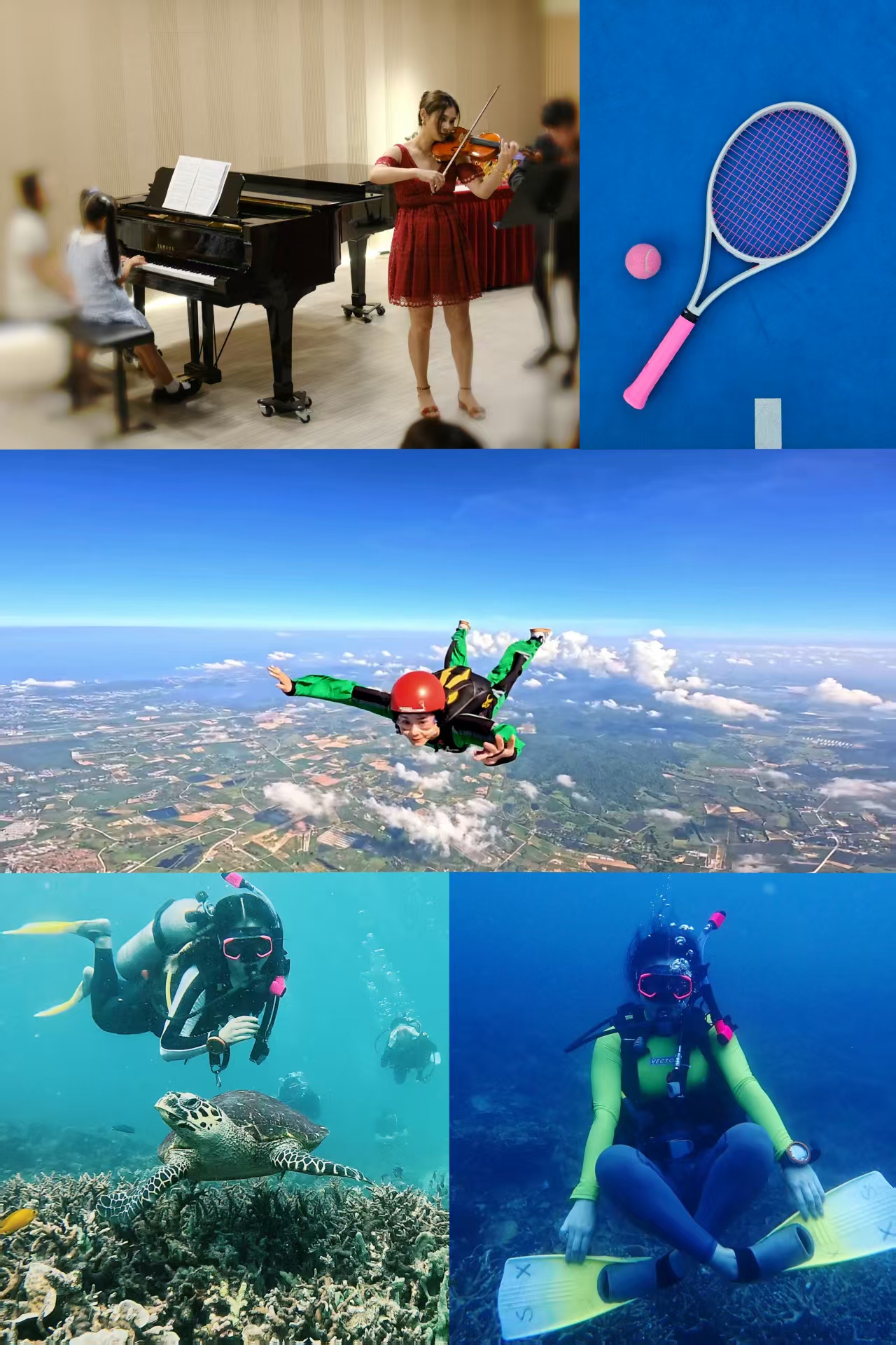 A collage of Boyi's life outside work: performing on the violin at a recital, a tennis racket on a court, skydiving high above the coastline, and scuba diving — once alongside a sea turtle over a coral reef.
