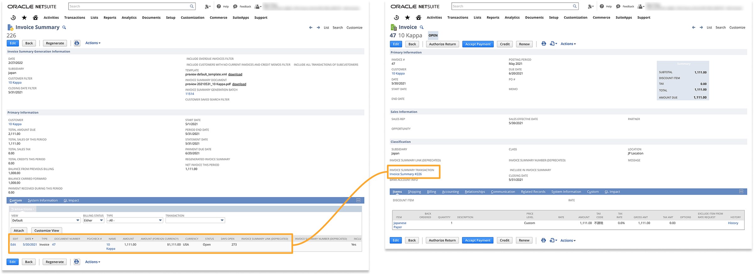 Diagram of the data relationship: one invoice summary record connected to each of the individual invoice transactions it consolidates for that customer and period.