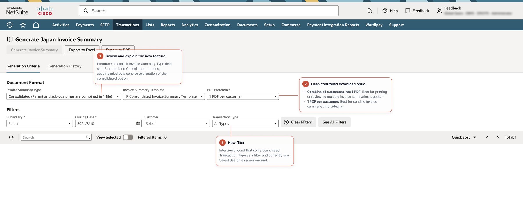 The redesigned Generate Japan Invoice Summary screen: a Document Format section with an explicit Invoice Summary Type field, an invoice summary template picker and a PDF preference control, above a single row of filters including transaction type.