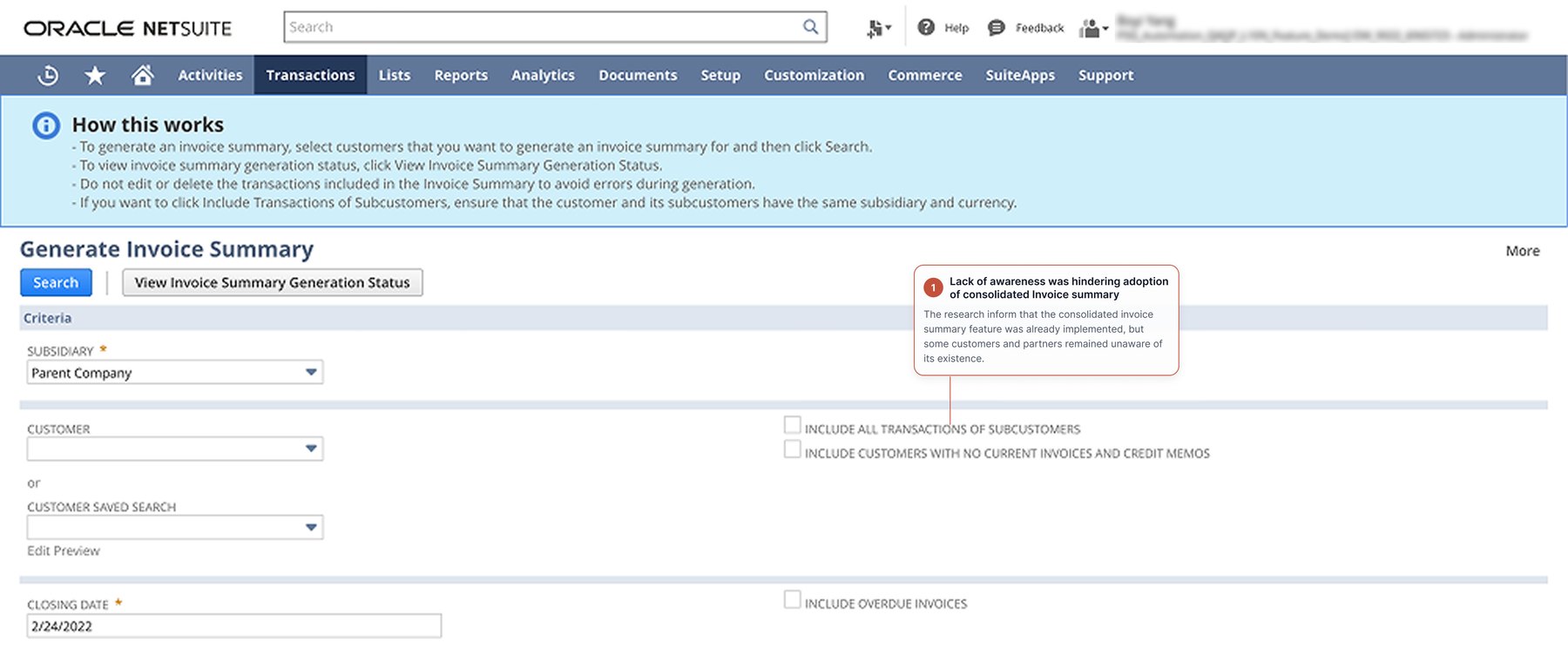 The original Generate Invoice Summary criteria screen: a long explanatory help panel above a sparse form of subsidiary, customer and closing-date fields, with the consolidated option buried in a checkbox.