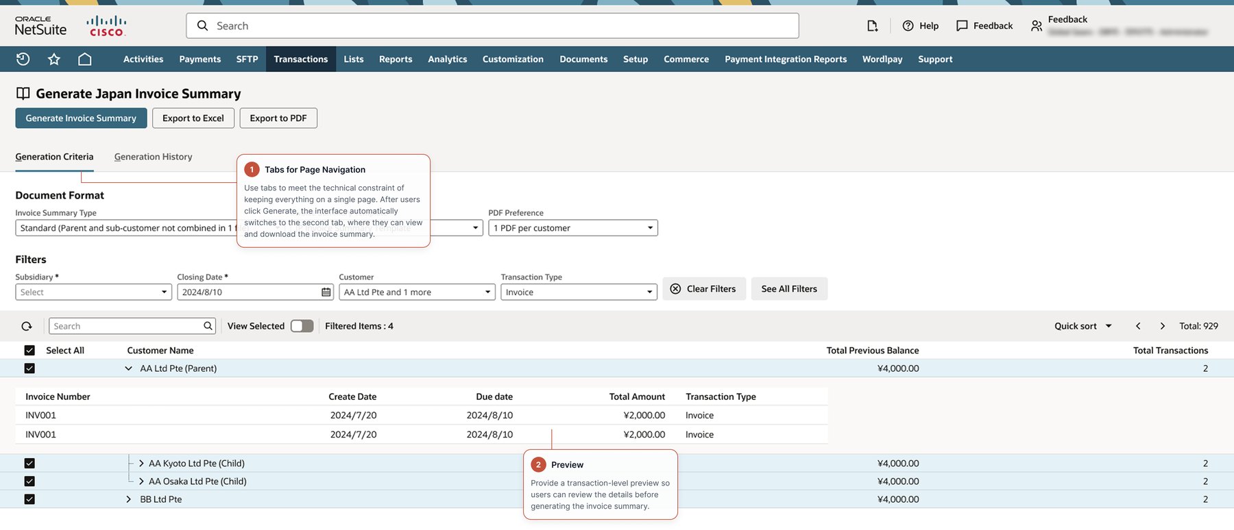 The redesigned screen with Generation Criteria and Generation History tabs, and an expandable pre-generation table showing a parent customer, its indented child companies, and the individual invoices with numbers, dates and amounts.
