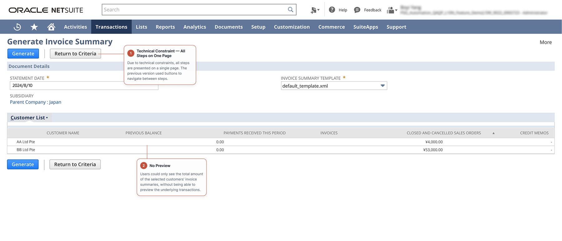 The original second step: document details and a customer list showing only balance totals per customer, with Generate and Return to Criteria buttons and no way to open the underlying transactions.
