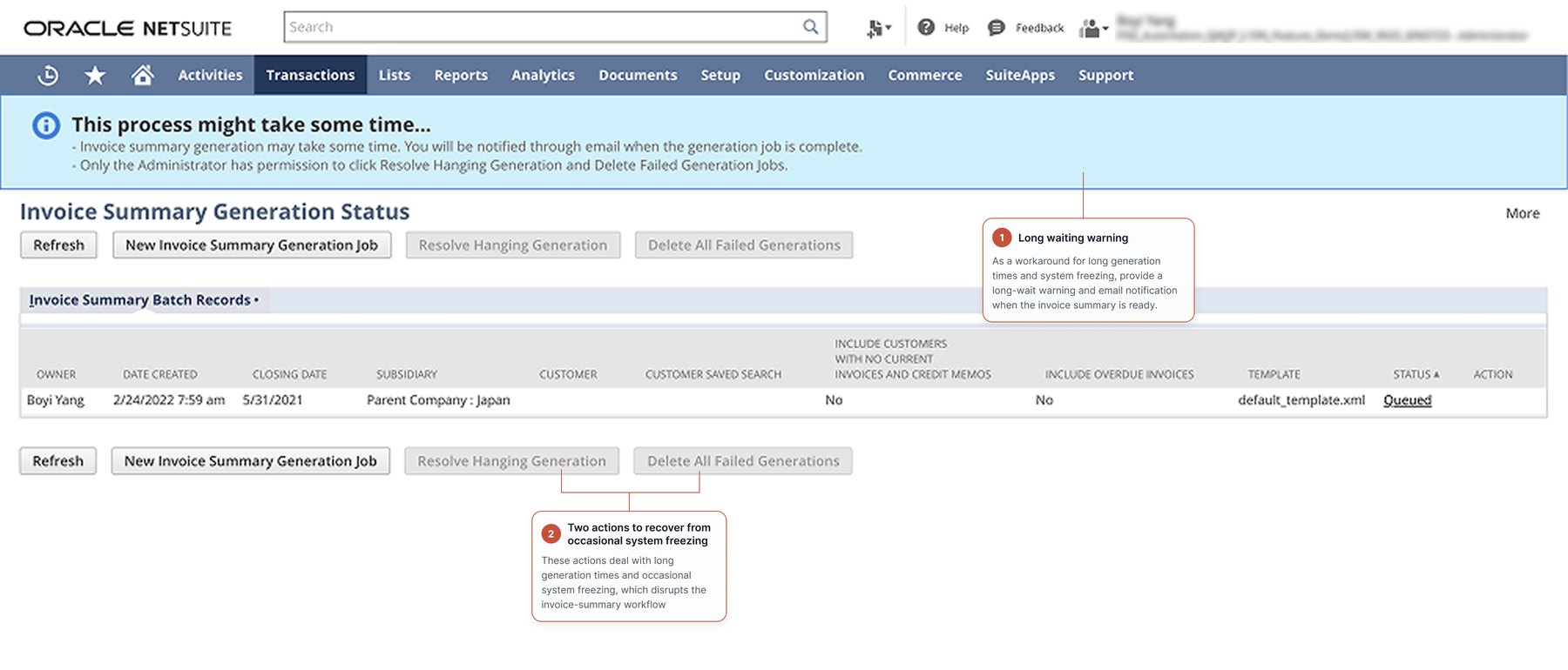 The original Invoice Summary Generation Status screen: a banner warning that the process may take some time, a batch records table with a queued job, and Resolve Hanging Generation and Delete All Failed Generations buttons.
