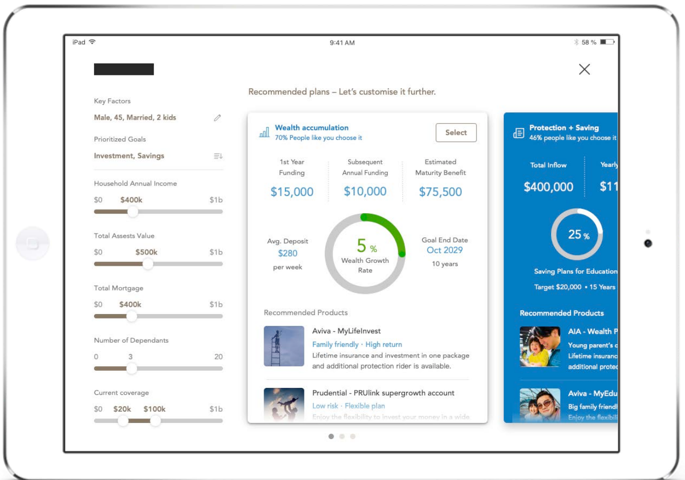 Concept design on an iPad: a financial planning screen with the client's key factors as sliders on the left — household annual income, total assets value, total mortgage, number of dependants, current coverage — and recommended plan cards on the right, each showing funding amounts, estimated maturity benefit, wealth growth rate, goal end date, social proof like '70% of people like you chose it', and recommended products from multiple providers.