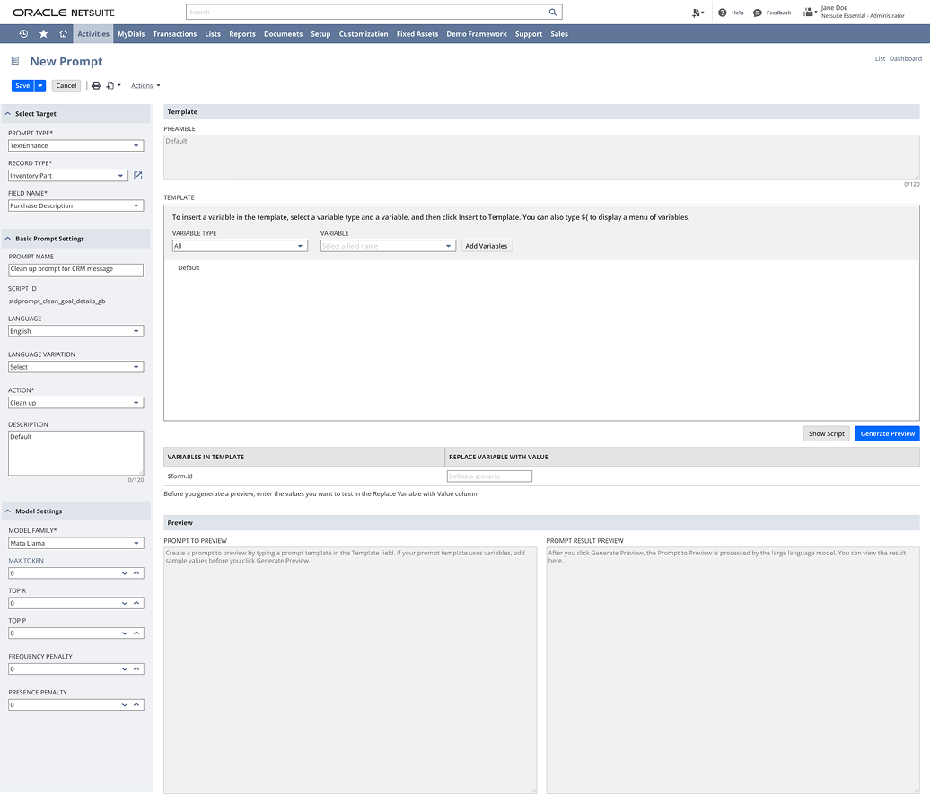 After the revamp: the New Prompt page restructured around the admin's task — a left rail ordered as Select Target (prompt type, record type, field name), then Basic Prompt Settings in plain language, then Model Settings grouped at the end; the main area holds the template with guided variable insertion (pick a variable type, pick a variable, add to template), a variables-in-template table where sample values can be entered, and a preview pane that shows the prompt and its generated result side by side.