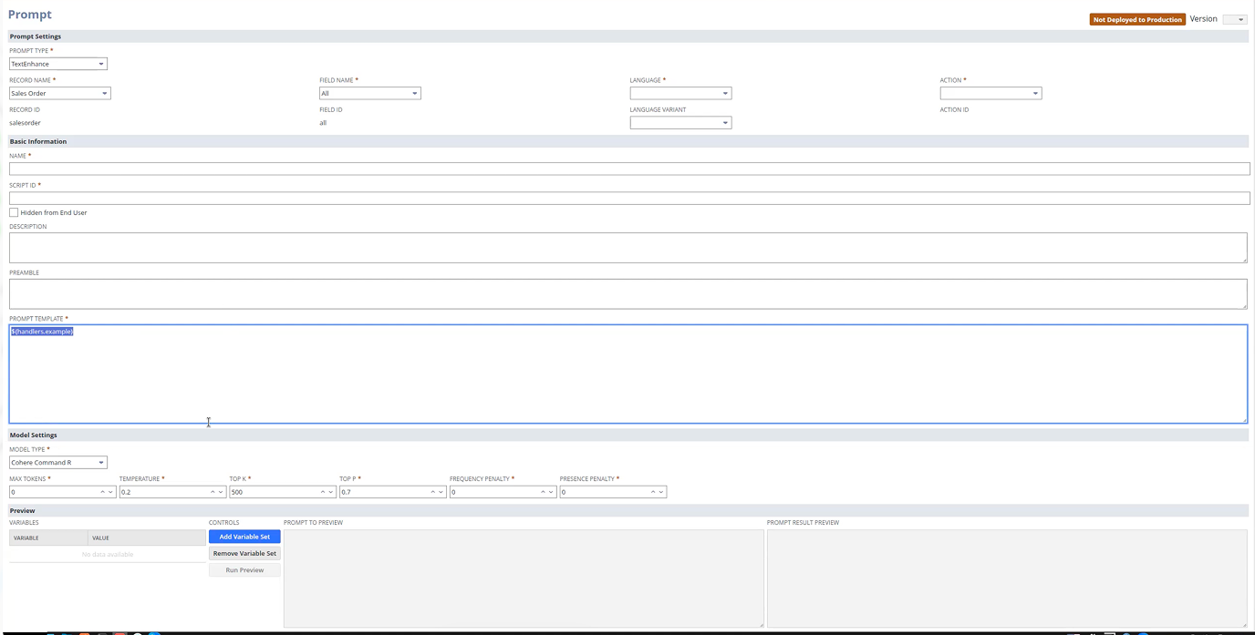 Before the revamp: the original Prompt page as one flat developer form — prompt settings in a row, a raw template field containing hand-typed handler syntax, model settings like Cohere Command R, temperature, Top K, Top P, and frequency penalty exposed flat, and the preview buried at the bottom of the page.