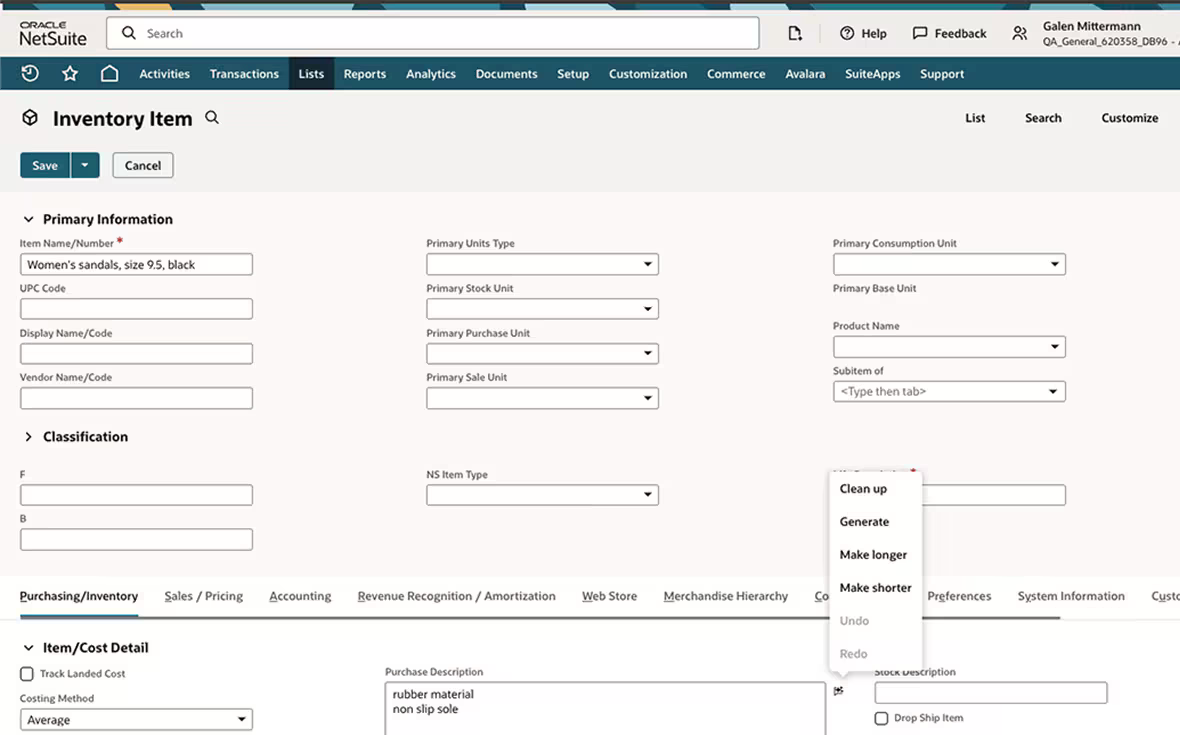 Round one: Text Enhance in the legacy NetSuite UI — an Inventory Item record page where the Purchase Description field's small icon opens a flat menu with Clean up, Generate, Make longer, Make shorter, and grayed-out Undo and Redo.