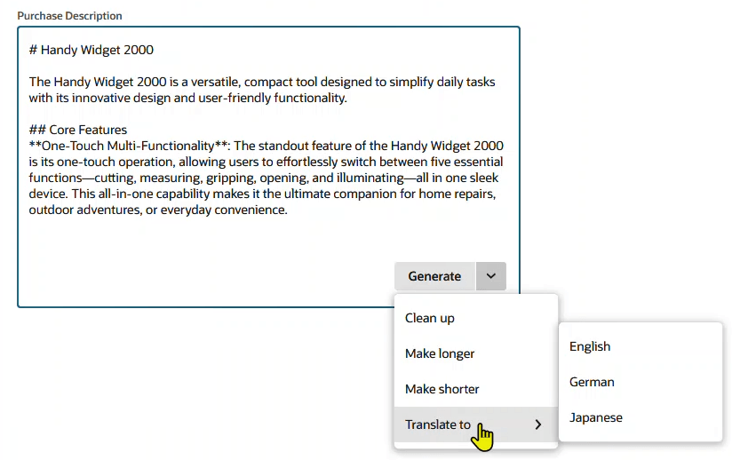 Round two: the Text Enhance component in NetSuite Next — a Purchase Description field with generated product copy, a visible Generate split-button on the field, and its menu open showing Clean up, Make longer, Make shorter, and Translate to with a submenu of English, German, and Japanese.