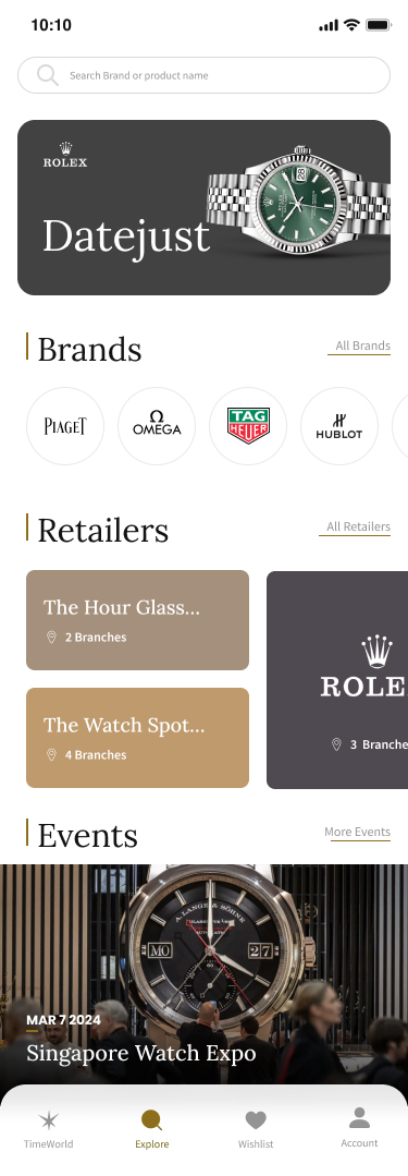 TimeWorld explore screen: browsing watches and stories by brand, movement and category.