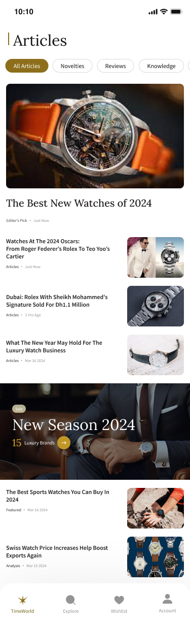 TimeWorld home screen: editorial hero, featured horology stories, and entry points into brands and community.