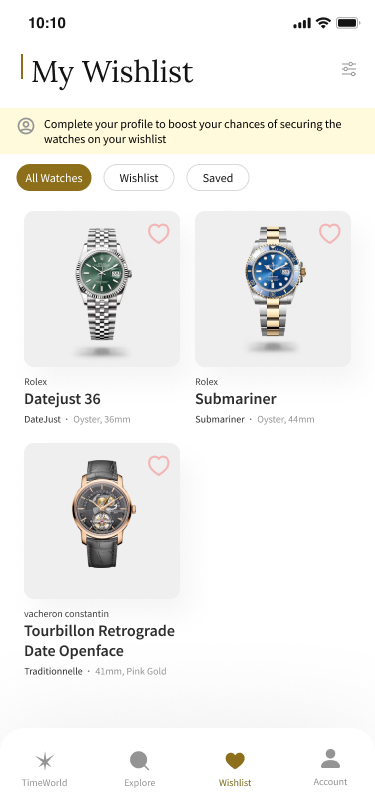 TimeWorld wishlist screen: saved watches a collector is tracking.