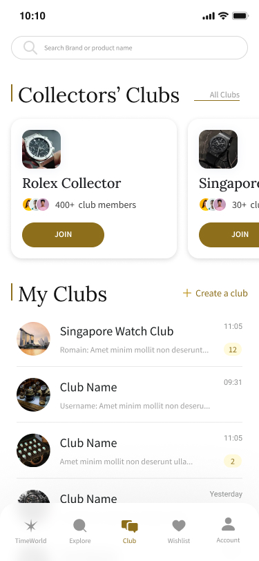 TimeWorld club screen: a collector community space with discussion and members.