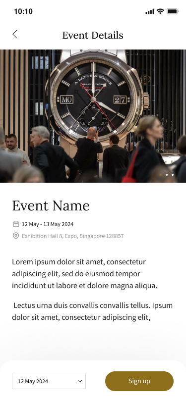 TimeWorld event detail screen: a horology event with date, venue and attendance.