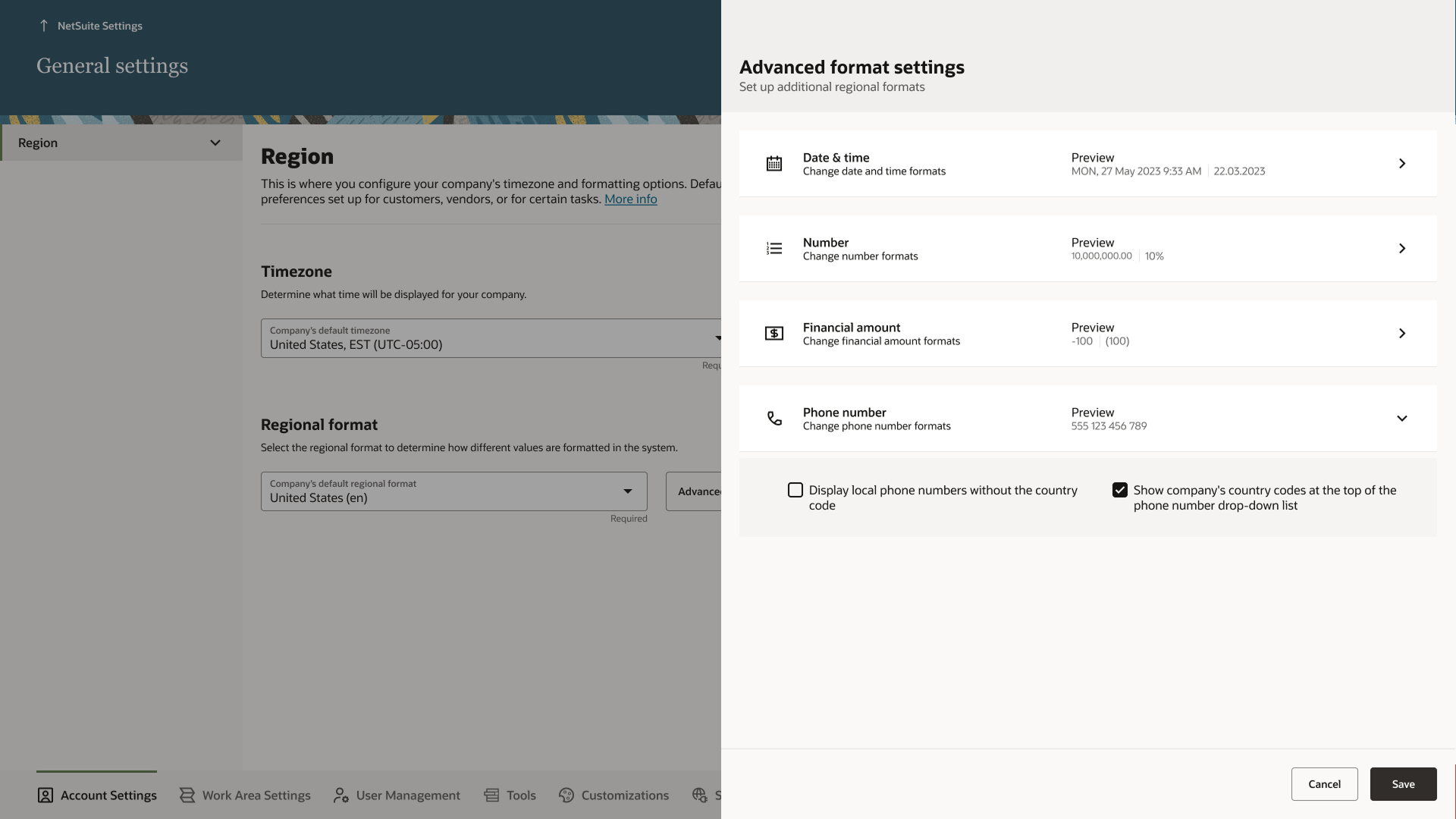 Admin settings mockup: the General Settings Region page with an Advanced Format Settings panel where phone number formats sit alongside date and time, number, and financial amount formats, each with a live preview — the phone number row expanded to show options like displaying local numbers without the country code and showing the company's country codes at the top of the drop-down list.